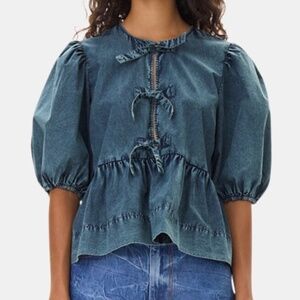 GANNI Sky Captain Blue Cotton Poplin Tie Blouse in size 12